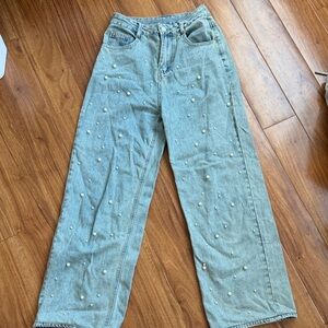 Light Blue Pearl-Embellished Women's Jeans